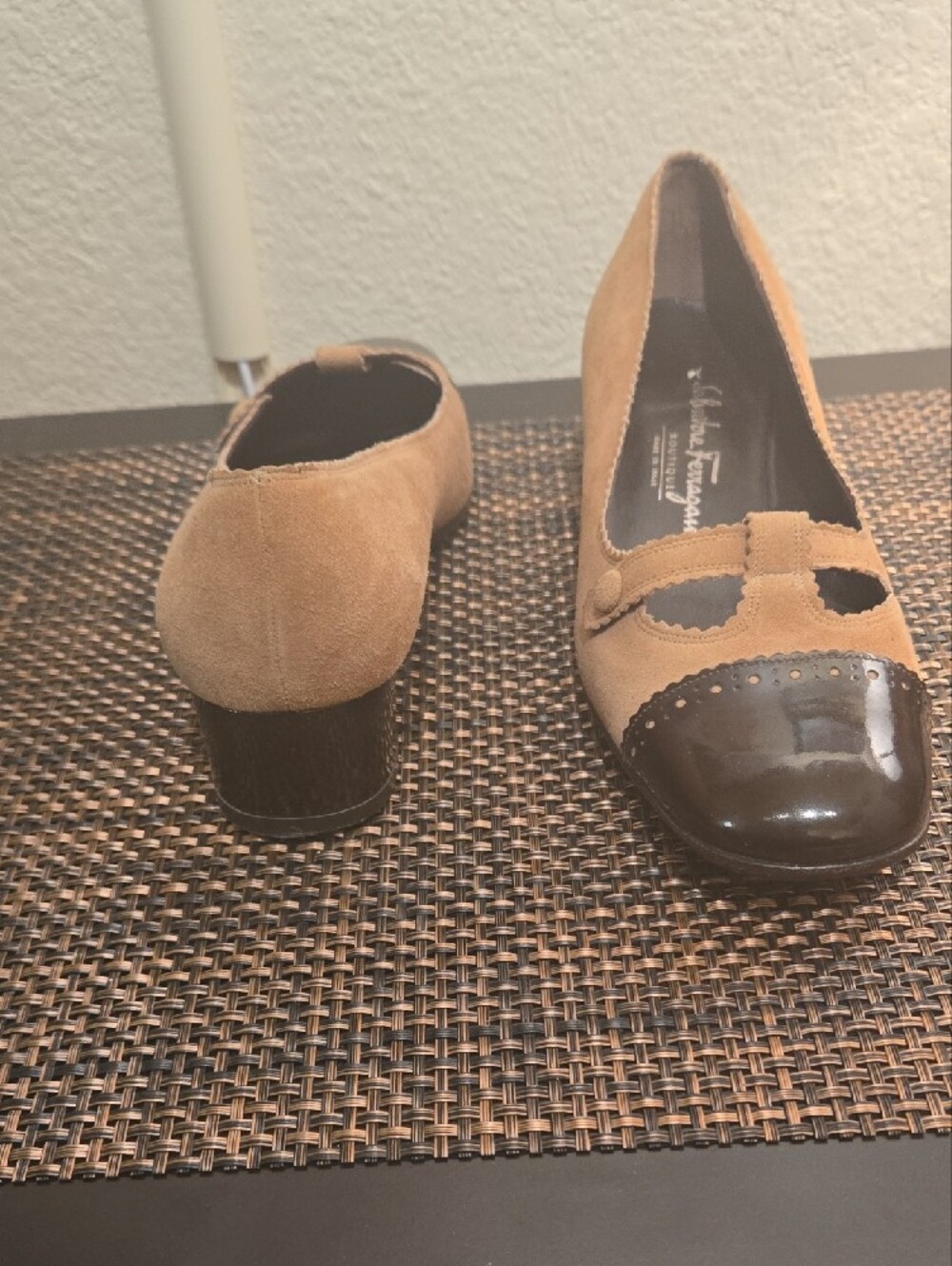 Salvatore Ferragamo Tan Suede Flats with Brown Patent Cap-Toe - Picture 8 of 8